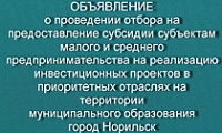 Проведение отбора на предоставление субсидии субъектам малого и среднего предпринимательства на реализацию инвестиционных проектов в приоритетных отраслях